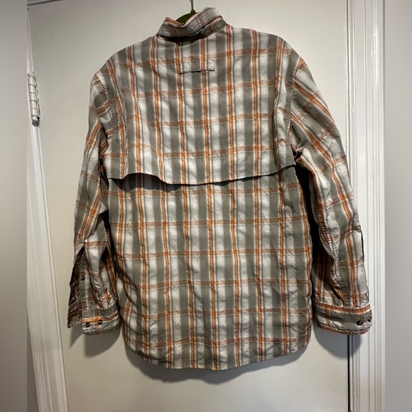 LL Bean Mens Medium Regular Vented Back Grey/orange plaid Button Up Seersucker. - Picture 2 of 16